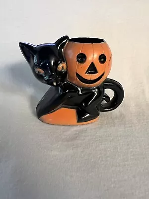 Vintage Halloween 1950s Rosbro Plastic Black Cat And Pumpkin Candy Container • $37
