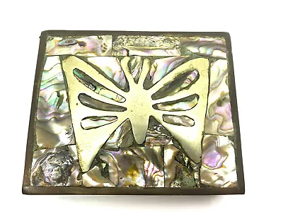 Vintage Abalone Shell Jewelry Trinket Box Butterfly Brass And Rose Wood  • $44.99