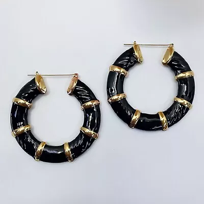Gold & Black Color Bamboo Design Round Circle Shape Hoop Light Weight Earrings • $10.99