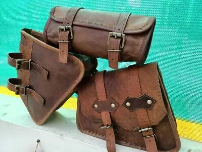 COMBO 3 Saddle Bag Real Vintage Leather Swing Arm Motorcycle Tool Pouch Panniers • $63.56