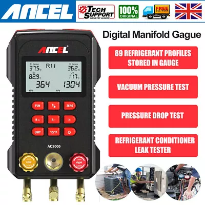 UK Digital Manifold Gauge A/C Refrigeration Diagnostic Vacuum Pressure Leak Test • £93.99