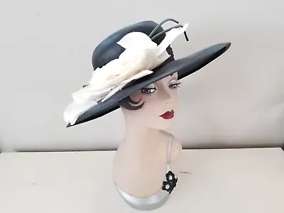 Vintage Wide Brim Woven Black Picture Hat With White Florals By Winner • $98