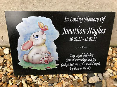 Personalised Baby Child Granite Memorial Grave Plaque Cute Rabbit Design & Verse • £32.50