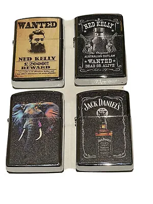 4 PCs Windproof Oil Lighters Unbranded Ned Kelly Jack Daniels Elephant Designs • $47.45