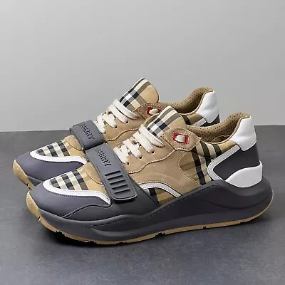 BURBERRY Ramsey Sneakers Nova Check Low Top Shoes Mens Size 41 US 8 Gray Beige • $279