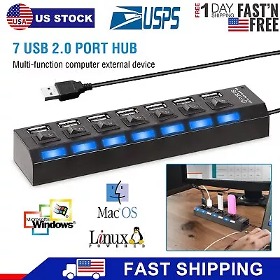 7 Ports USB 2.0 Hub Multi USB Splitter Adapter High Speed For PC Laptop Computer • $7.59