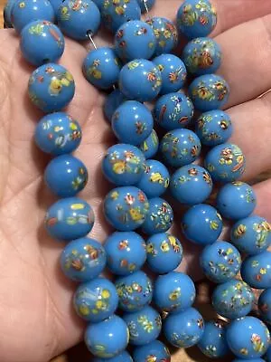 6in Strand Vintage 1950s Lampwork Japanese Millefiori Blue Round Glass Beads 8mm • $18.50