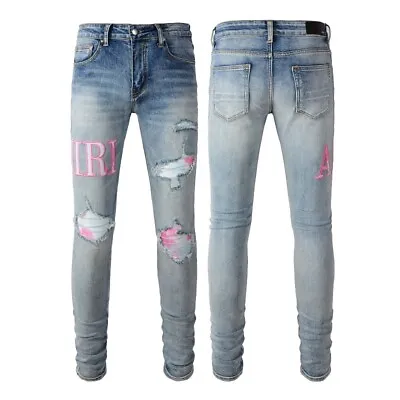 Men's Knee Ripped Pink Letter PU Patchwork Stretch Skinny Fit Blue Denim Jeans • $58.63