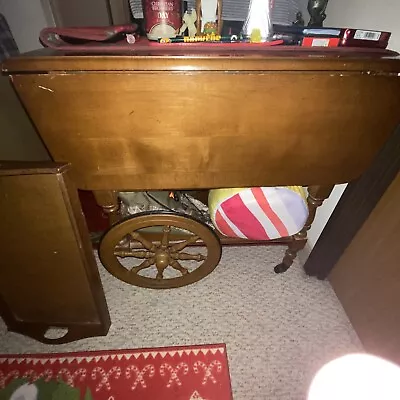 Vintage Wooden Rolling Drop Leaf Tea Cart With Tray Removable Wheels • $200