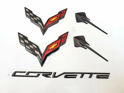 5PC 2014-2019 Corvette C7 Gloss Black Front & Rear & Stingray Cross Flags Emblem • $58.80