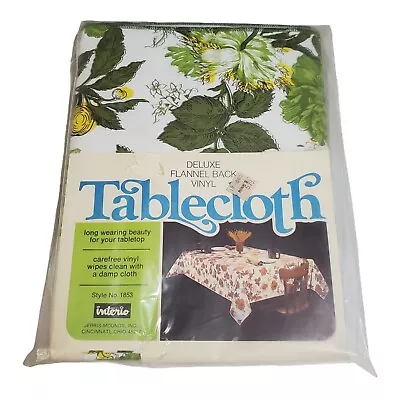 Vintage Vinyl Tablecloth 52  X 90  Interio Floral MCM Green Yellow White • $29.99