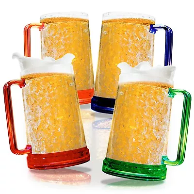Double Wall Frozen Beer Mugs For Freezer With Handles 16 Oz Colored Set Of 4 • $32.49