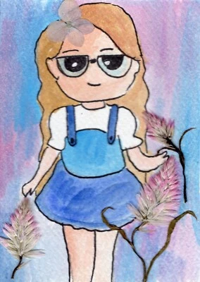 $0.99 • Buy Dry Flower Leaves Bird Girl ACEO Original Art Card Watercolor Hand Painting