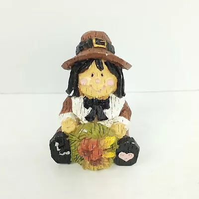 Vtg Thanksgiving Pilgrim Girl Figurine Sitting Resin Wood Carved Look 1999 • $4.99