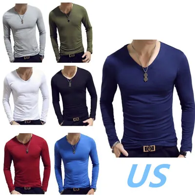 $10.95 • Buy US Mens Casual Long Sleeve T-shirt Slim Fit Undershirt V-Neck Stretch Shirt Tops