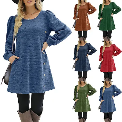 $18.69 • Buy Women's Long Sleeve Dresses Button Side Scoop Neck Fall Dress Tunic With Pockets