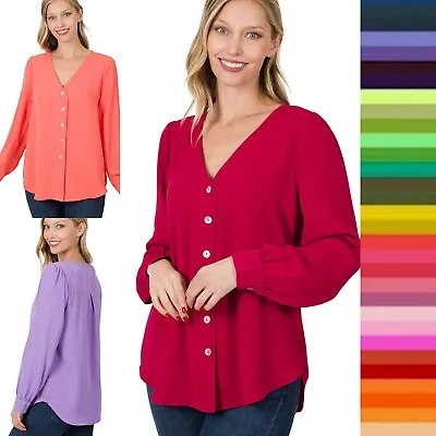 $10.83 • Buy Women V Neck Shell Button Down Long Sleeve Shirt Blouse Loose Fit Soft Woven Top