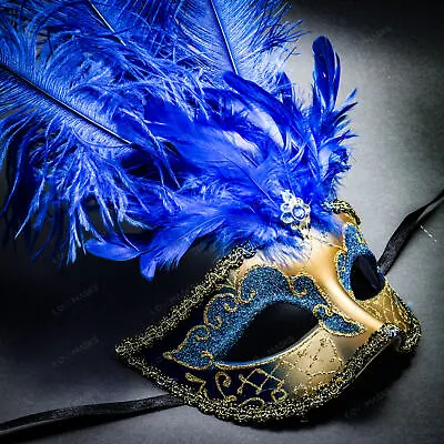 Venetian Gold Blue Masquerade Show Girl Ostrich Feather Sexy Eye Mask Costume • $21.99