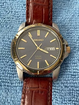 Seiko Men's Solar 100M Stainless Steel/Brown Leather Watch  - V158-0AD0 • $99.99