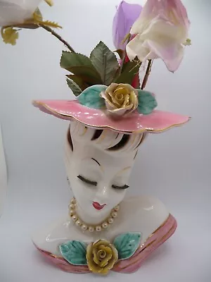 VTG. Lady Head Vase Gold Flowers & Trim~ Original Flowers & Pearl Necklace • $31.43