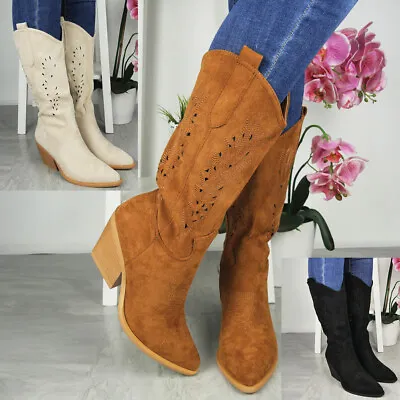 Cowboy Boots Shoes Ladies Mid Calf Zip Heel Western Comfy Faux Suede Womens Size • £26.95