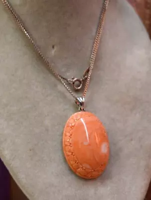 Vintage Carved Coral Pendant Sterling Chain Necklace • $17.50