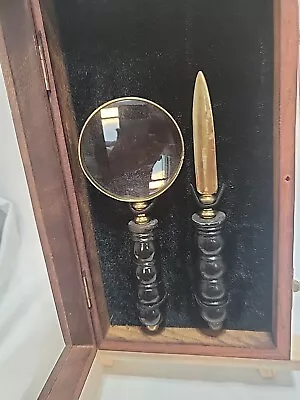 Vintage Wood And Brass Magnifying Glass And Letter Opener In Original Wooden Box • $26