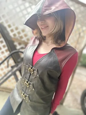 Black And Dark Red Hooded Leather Vest - Assassin Warrior Cosplay Rennaissance • $185