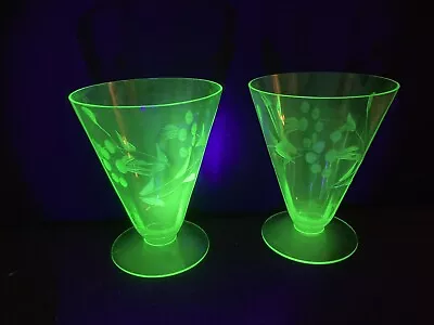 Pair( 2) Vintage Green Footed Depression Uranium Glass Parfait Cups 8oz 4.5” • $25