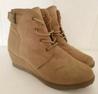 Rue 21 Etc! Womens Brown Vegan Suede Lace Up Ankle Boots Wedge Booties Sz XL 10 • $15.90