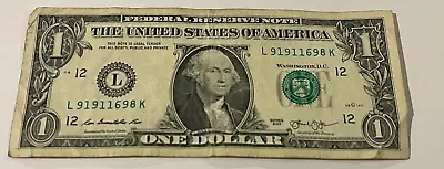 2013 $1 Bill Note Circulated Fancy Serial Number 911 L 91911698 • $1.94