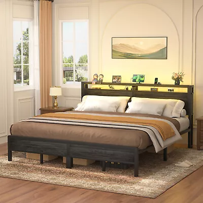 King Size Bed Frame With LED Headboard Metal Platform Bed With Storage Drawers • $281.99