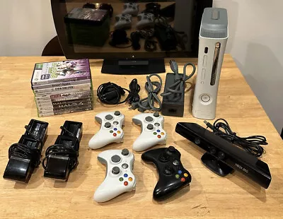 Original Xbox 360 Fat 60GB White HDMI 4 Controls 10 Game Kinect Bundle Tested • $124.99