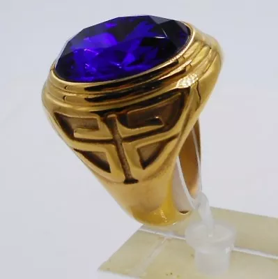 BLUE SAPPHIRE Simulated MEN RING STAINLESS STEEL YELLOW GOLD CROSS POPE SIZE 8 I • $19.99