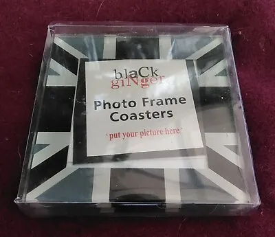 Photo Frame Coasters X 4 Black Ginger Square Glass Grey Union Jack Boxed • £10