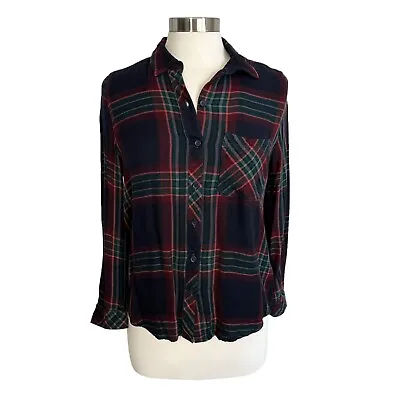 Beach Lunch Lounge MEDIUM Navy Blue Plaid Flannel Long Sleeve Button Down Shirt • £15.15