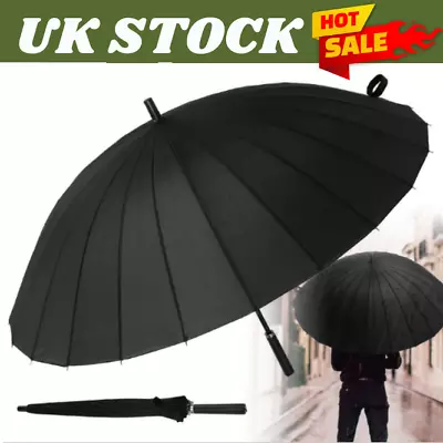 Unisex Super Strong Windproof 24 Steel Ribs Stormproof Folding Black Umbrella • £10.43