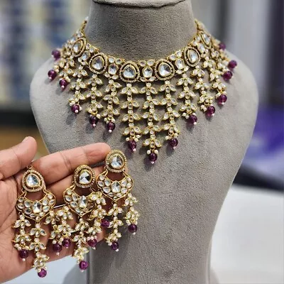 Indian Bollywood Gold Plated Kundan Mirror Bridal Necklace Earrings Jewelry Set • $32.55