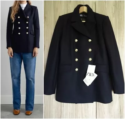 Zara Dark Navy Tailored Double-breasted Wool Blend Coat Size S • $126.26