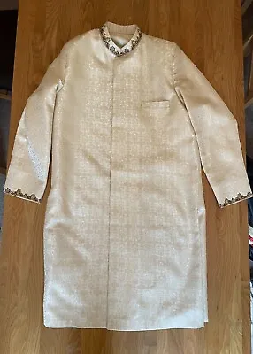 Mens Gold Pattern Design Sherwani Indian Suit With Churidar & Shoes - Size M • £49.99