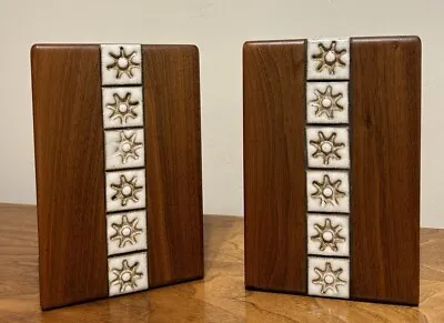 Vintage Jane And Gordon Martz Marshall Studios MCM Bookends Walnut Wood Ceramic • $298