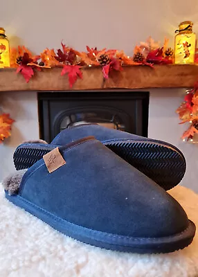 Men's Luxury Sheepskin Slip On Mule Slippers Rubber Sole Navy Blue Soft Quality • £49.99