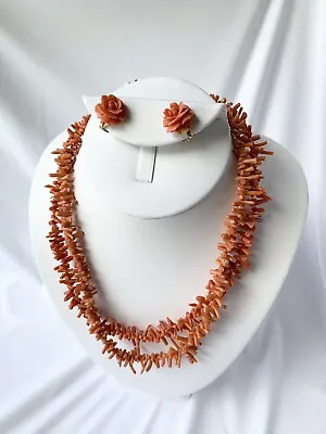 Vintage Pink Salmon Branch Coral Necklace W/ Flower Clip Earrings - 38  • $66