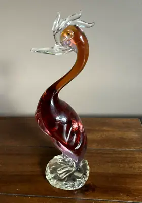 Murano Art Glass Style Crested  Red Orange Amberina Clear Bird Swan Heron - B1 • $39.95