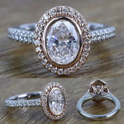 Oval Cut Cubic Zircon Ring Cute Two Tone 925 Silver Jewelry Women Sz 6-10 • $2.55