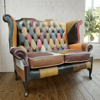 Buffalo Chesterfield 2 Seat Queen Anne Sofa Patchwork Full Leather Harlequin • £1299