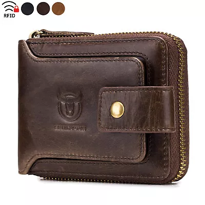 BULLCAPTAIN Men Wallet Genuine Leather RFID Zip Around Bifold With Coin Pocket • $18.99