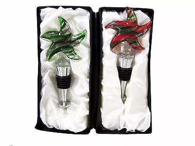  Set Of 2 Atr Glass Star Shape Wine Bottle Stoppers Corks (Green & Red) • $15.49
