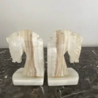 Vintage Onyx Stone Trojan Horse Head Carved  Rock Bookends • $69