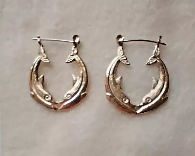 Vintage .925 Sterling Silver Kissing Dolphins Hoop Earrings • $25